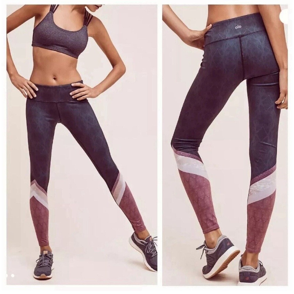 ALO Yoga Colorblock Tree Lace Airbrush Stripe Studio Leggings‎ Sz XS Extra Small